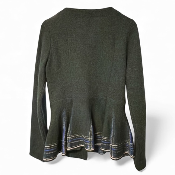 HWR Monogram Anthropologie Zip Peplum Sweater Dark Green Grey Plaid Medium - Picture 2 of 4